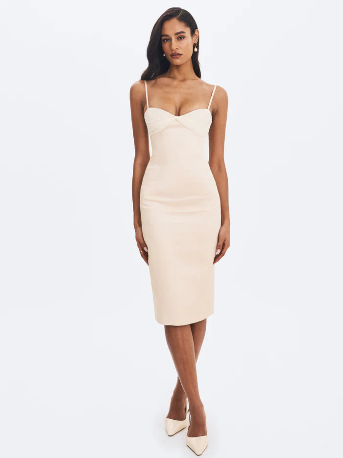 Apricot Twist Heart Neck Slit Midi Dress