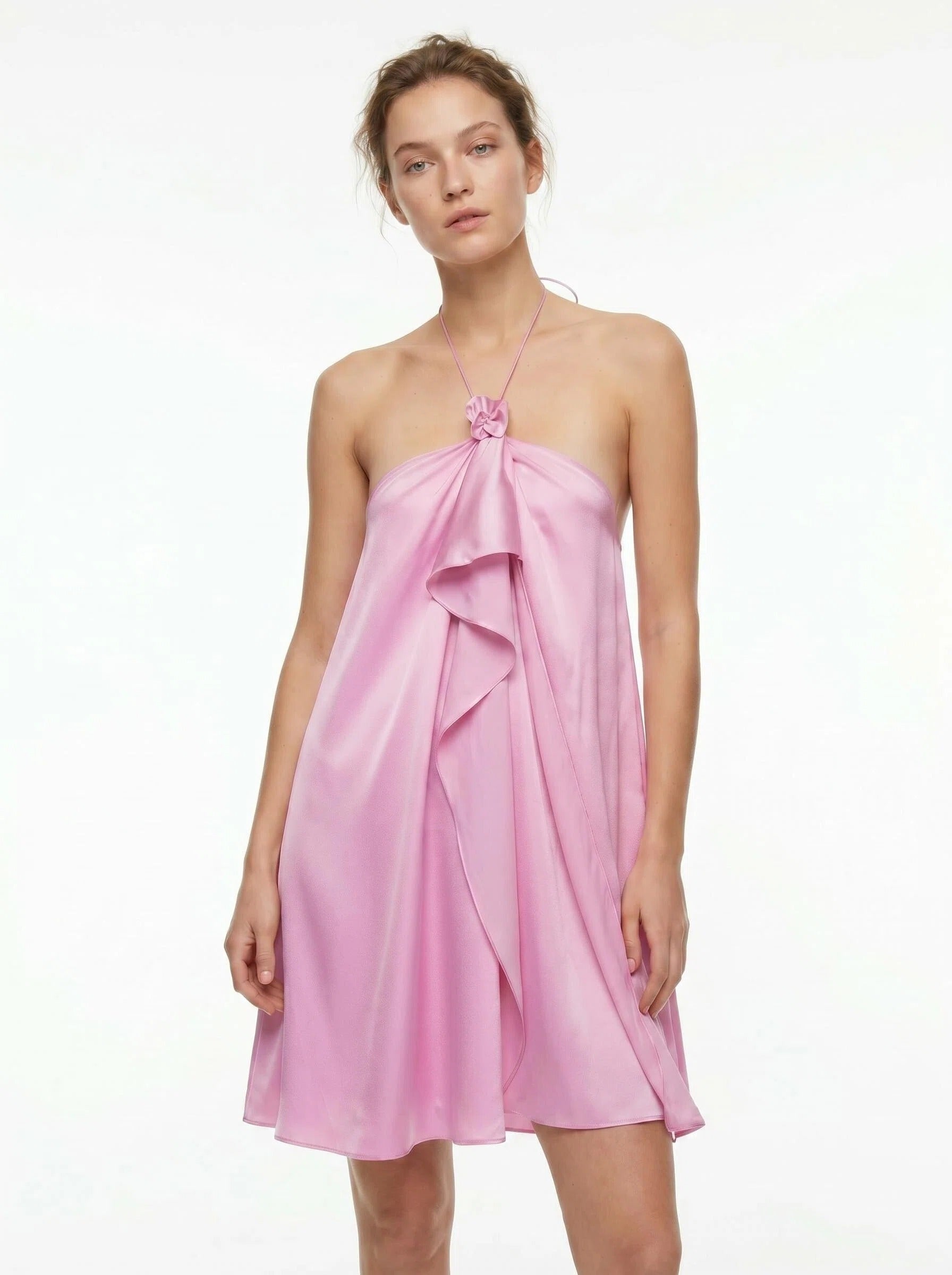 Pink Satin Halter Mini Dress for Women – GlowEllevia