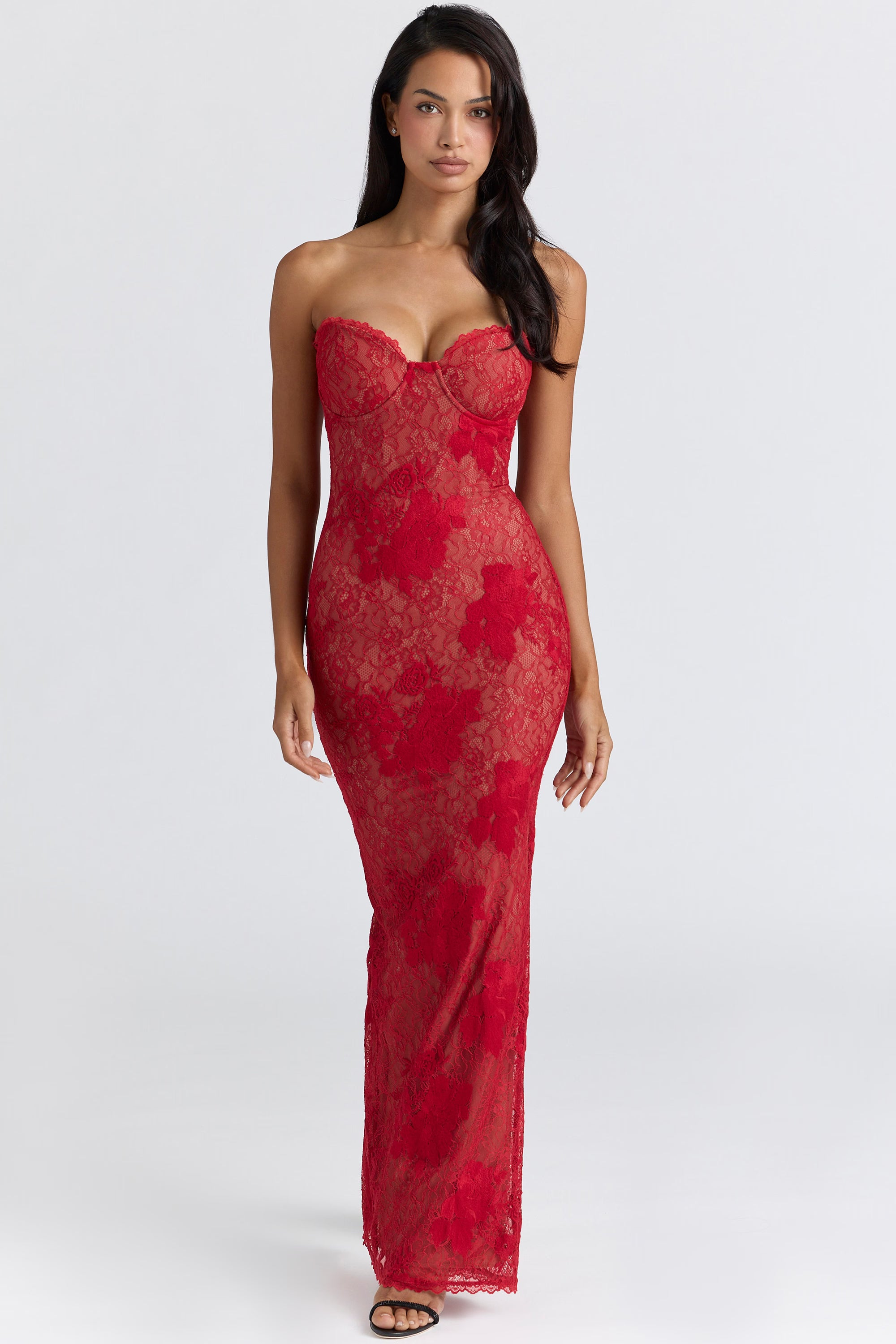 Red Lace Strapless Mermaid Evening Gown Red Lace Strapless Mermaid Evening Gown