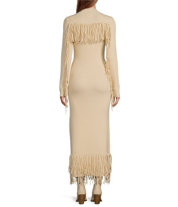 Mock Neck Fringe Maxi Sweater Dress