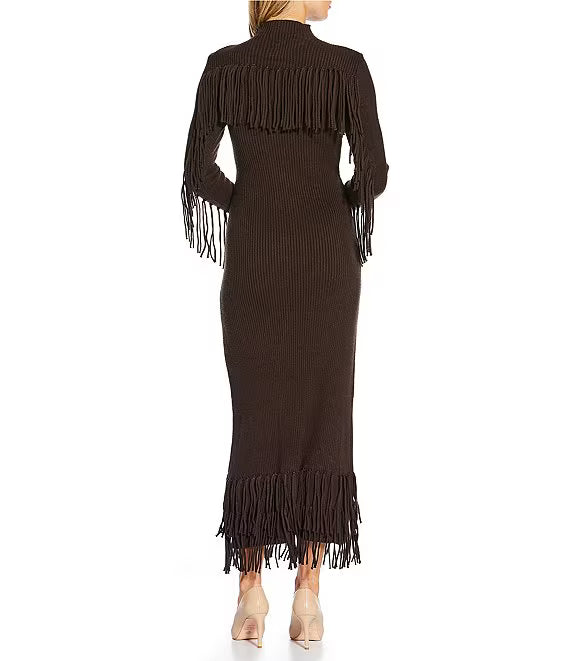 Mock Neck Fringe Maxi Sweater Dress