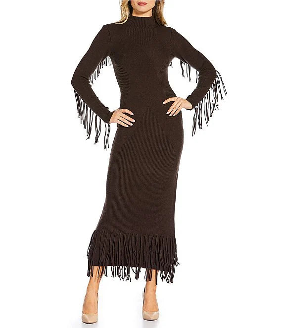 Mock Neck Fringe Maxi Sweater Dress