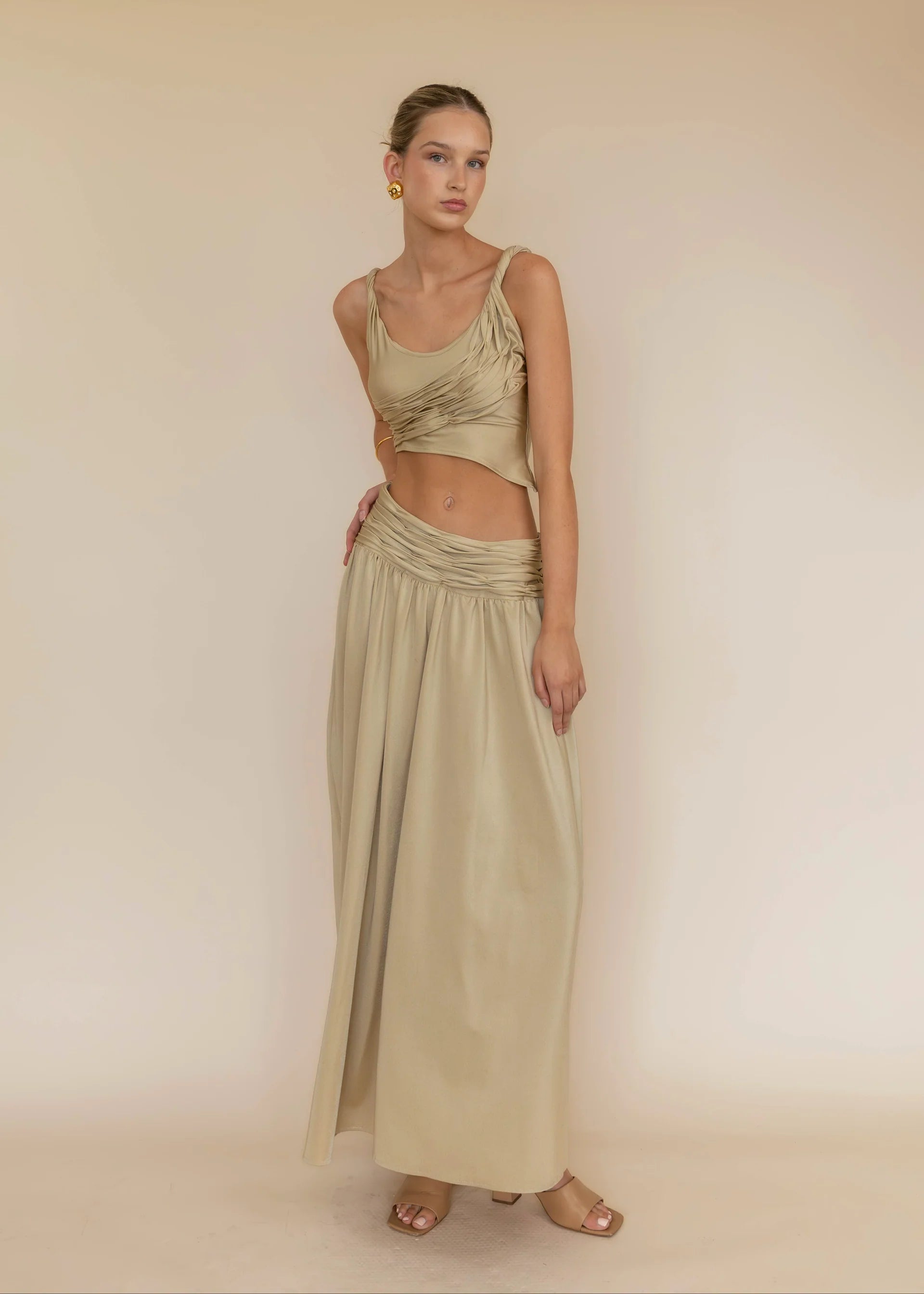 Golden Ruched High-Waist Skirt