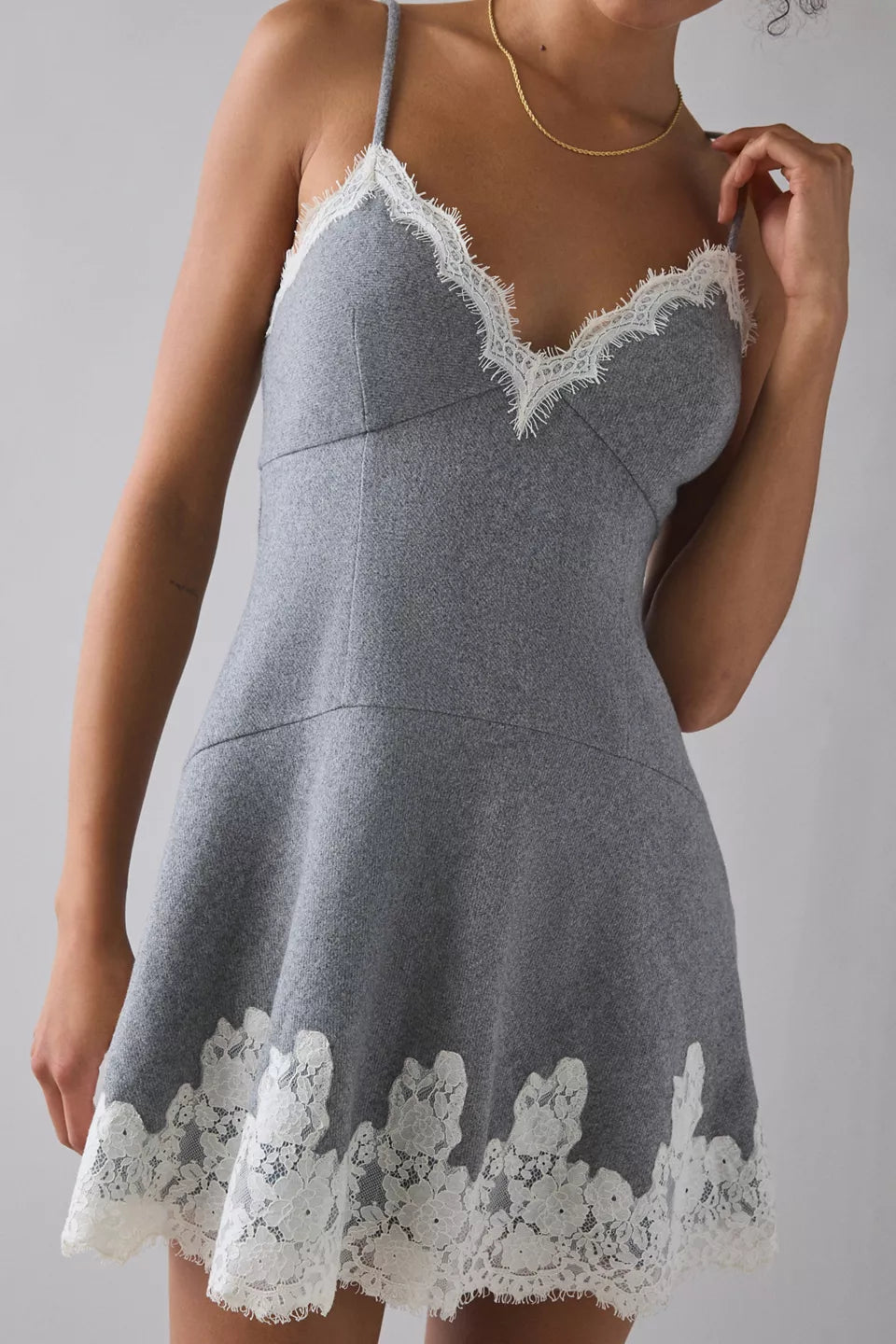 Grey Lace Trim A-Line Mini Dress