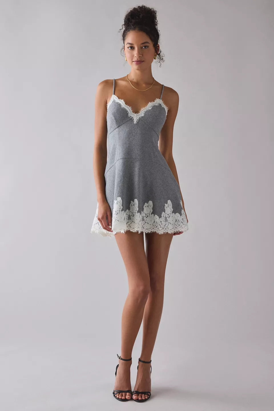 Grey Lace Trim A-Line Mini Dress