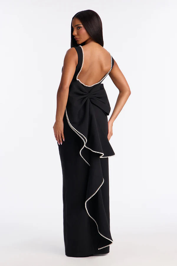 Black Pearl Bow Open-Back Maxi Dress