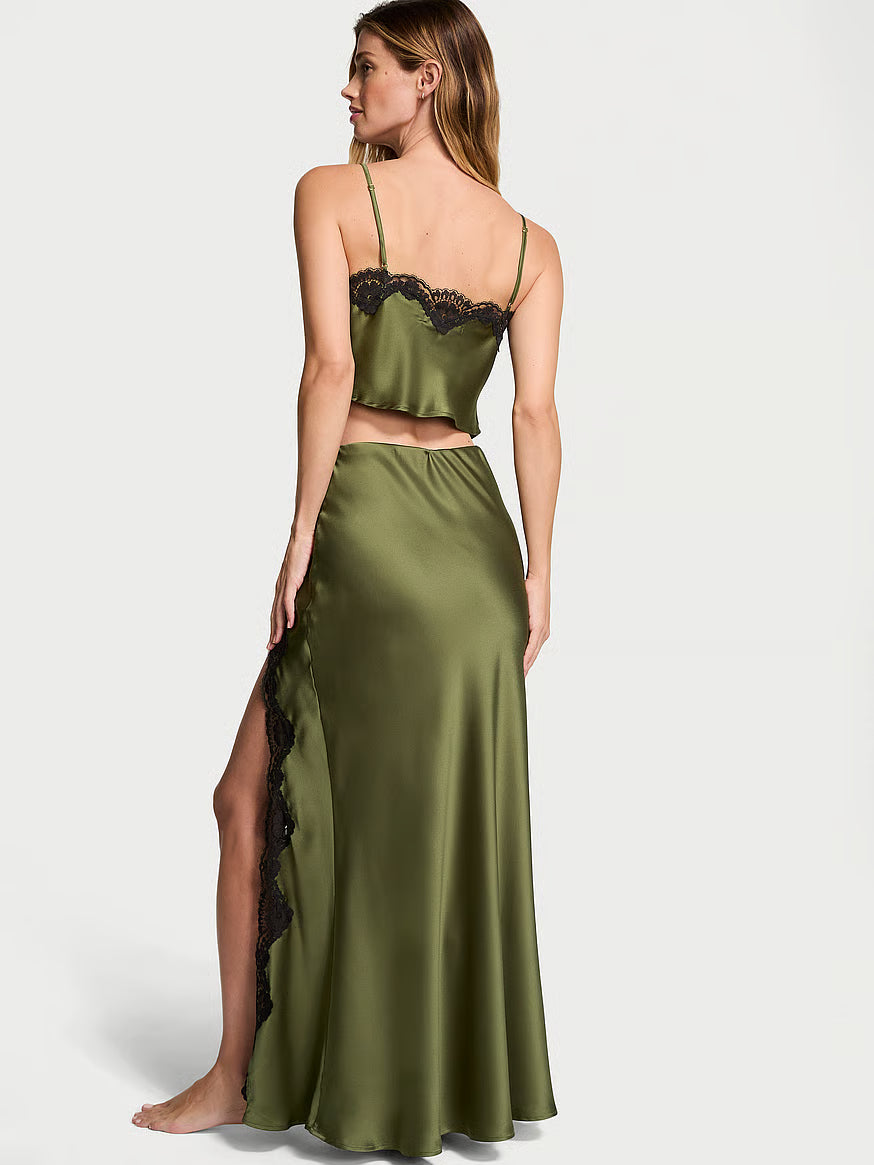 Olive Split Lace Midi Skirt