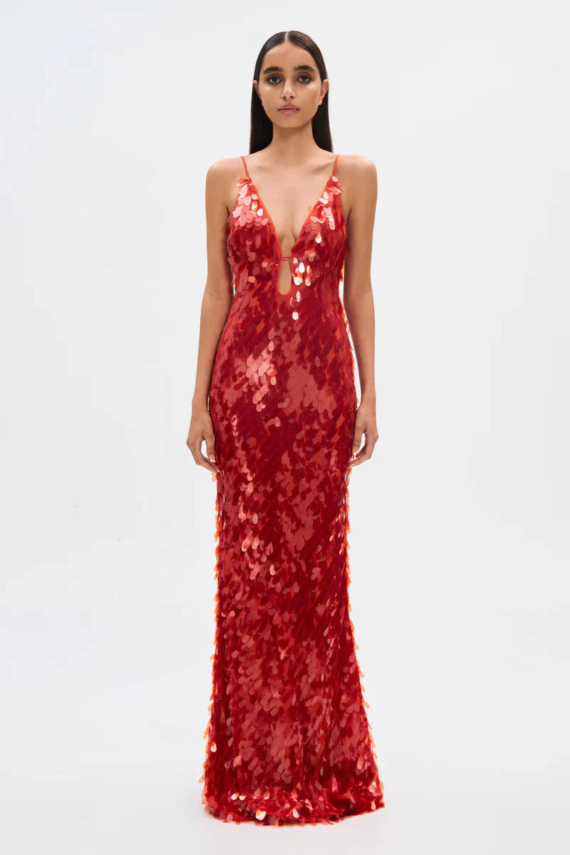 Red Sequin Maxi Dress Elegant Prom GlowEllevia Red Sequin Maxi Dress Elegant Prom GlowEllevia