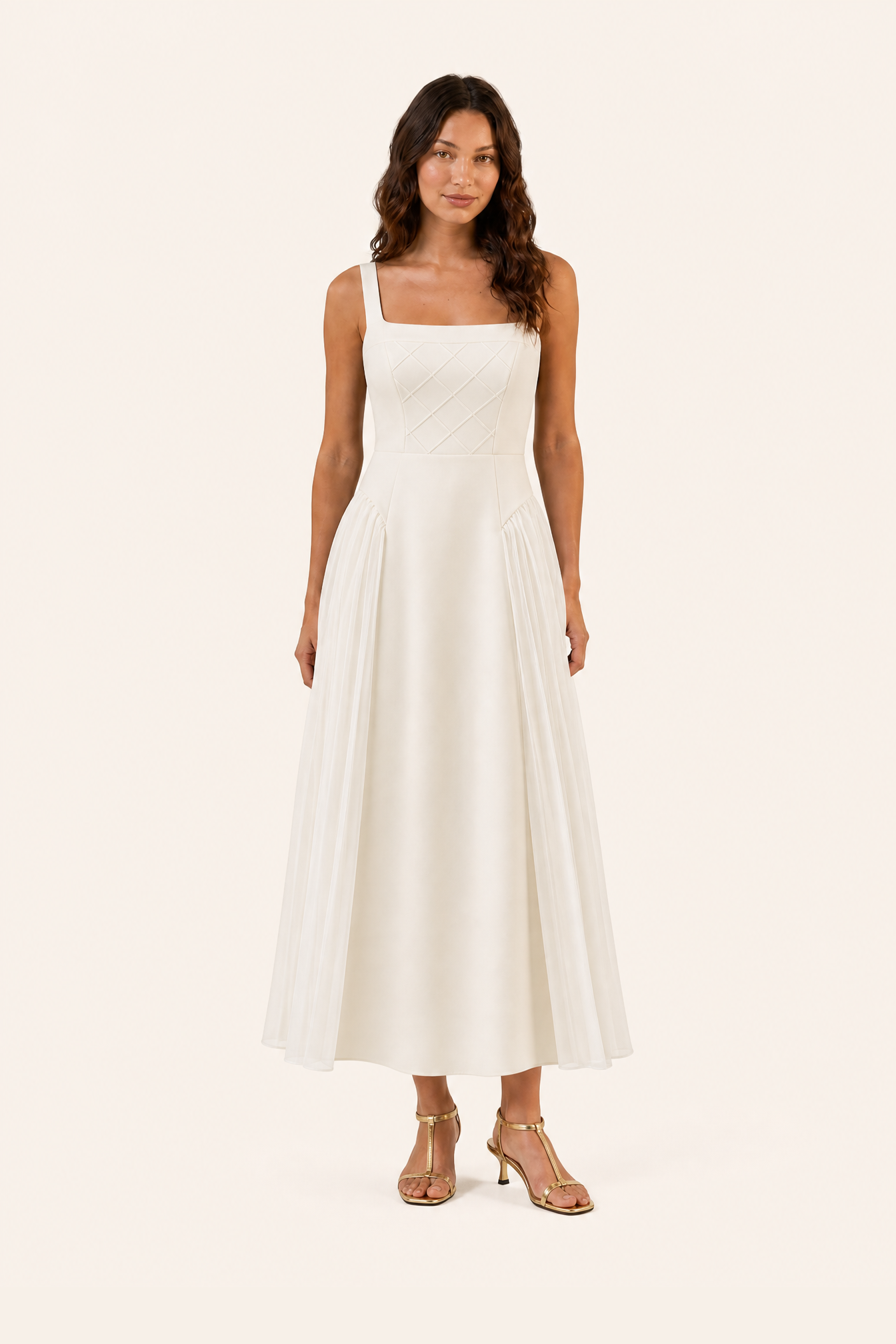 Lunar Ivory Quilted Corset Midi Dress - Moonlit Reverie