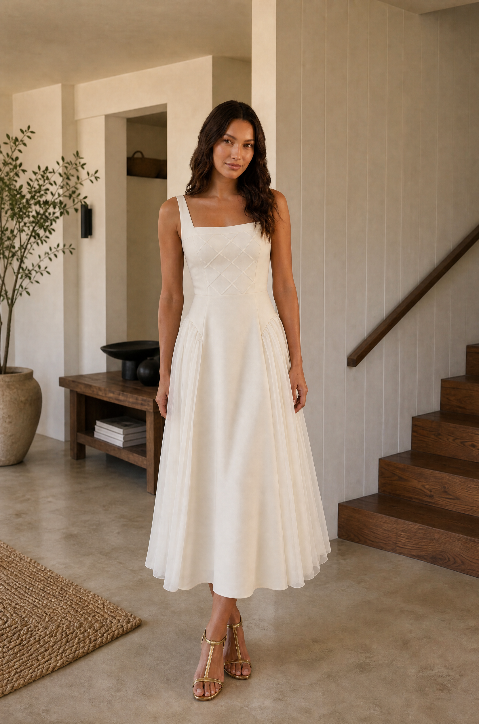 Ivory Quilted Corset Midi Dress
