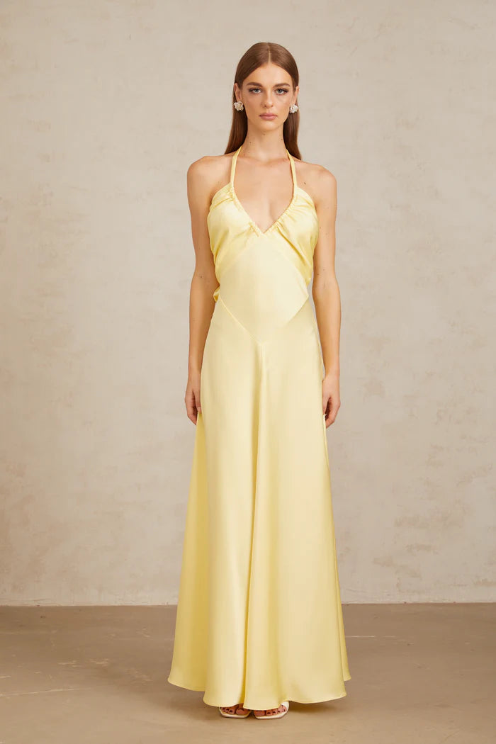 Yellow Satin Maxi Dress Backless Elegant – GlowEllevia