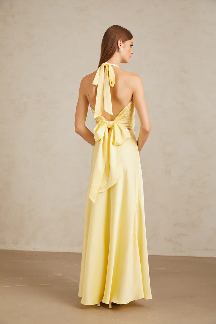 Yellow Satin Maxi Dress Backless Elegant – GlowEllevia
