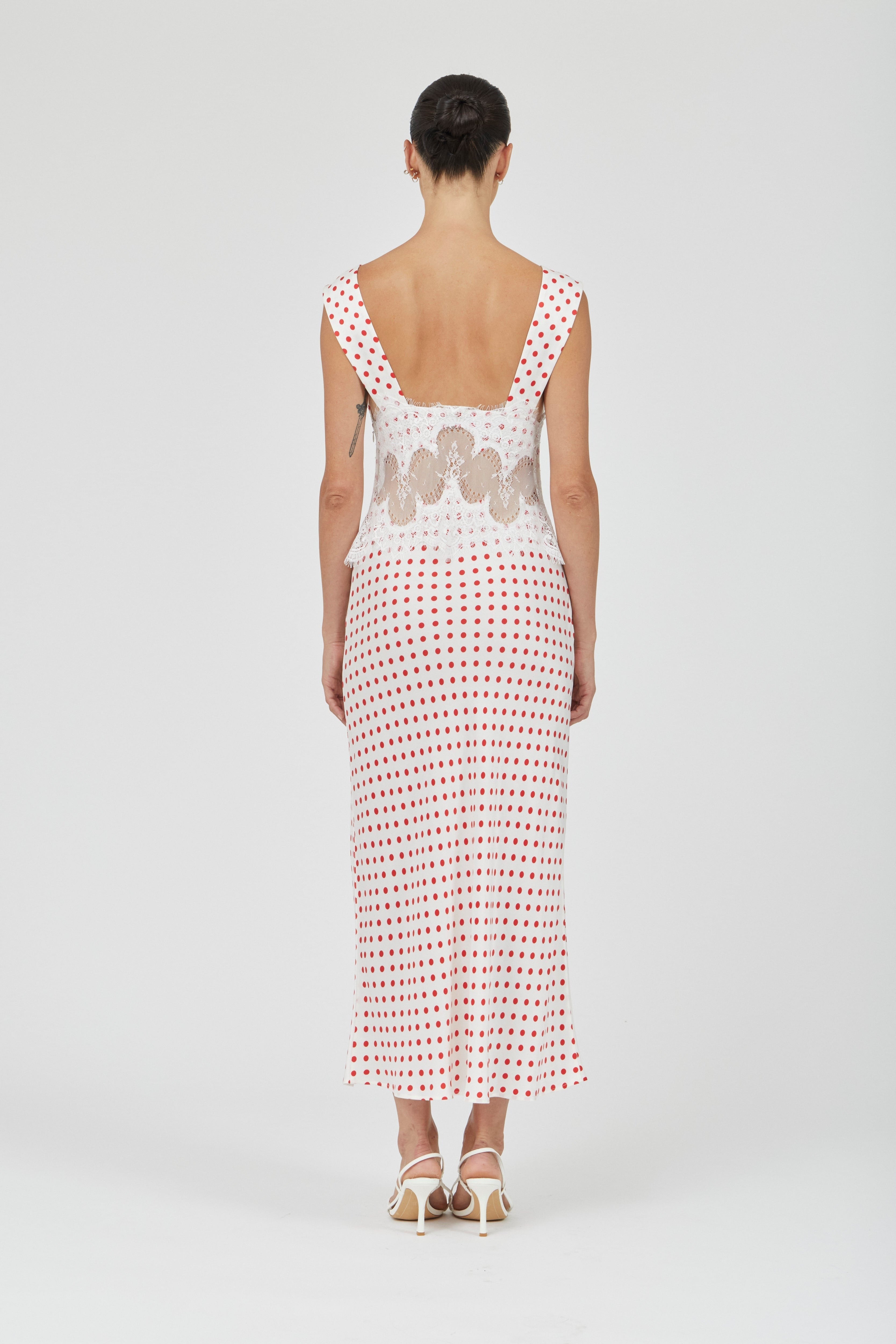 Visions Lace Deep V Maxi Dress - Red Polka Dot