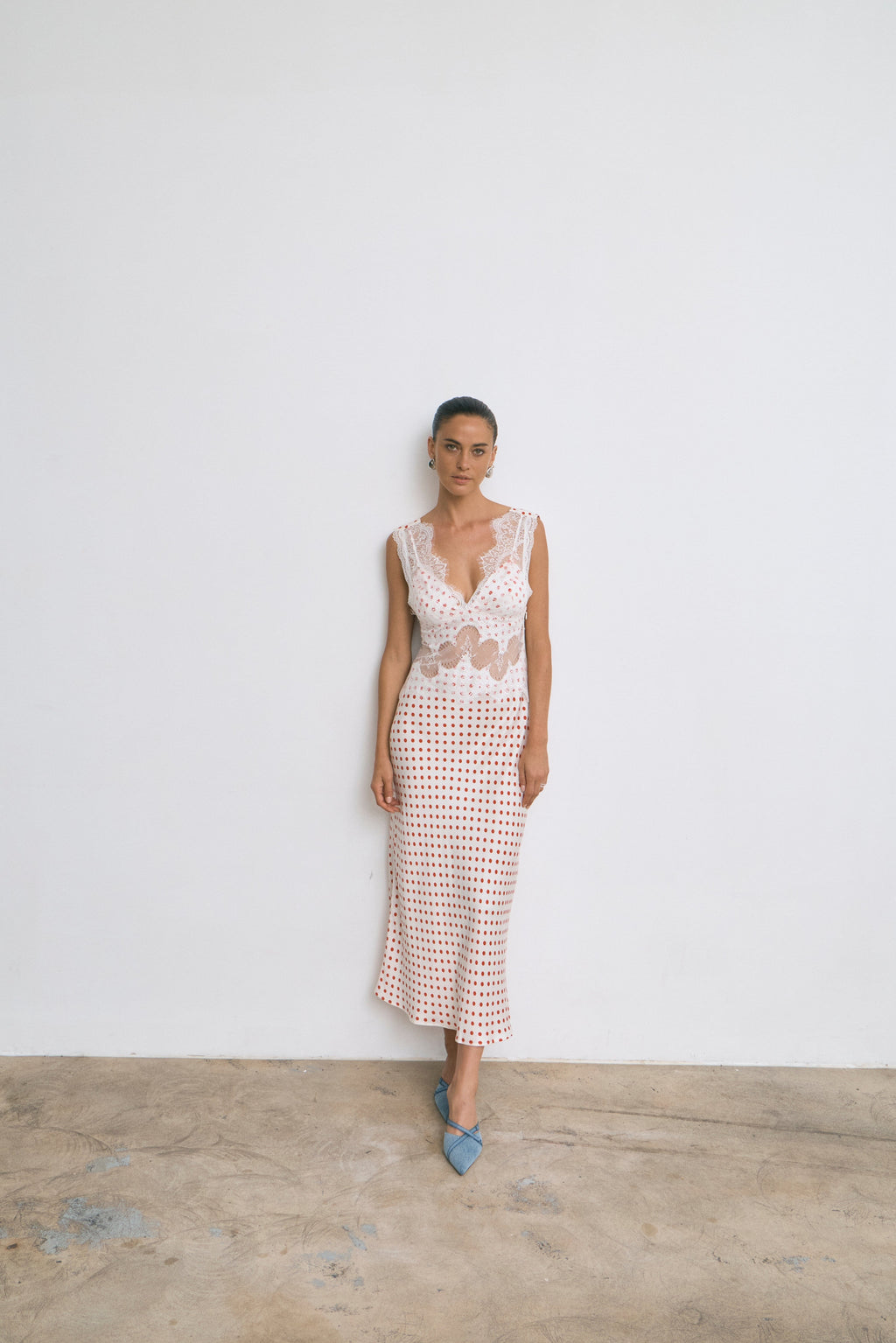 Visions Lace Deep V Maxi Dress - Red Polka Dot