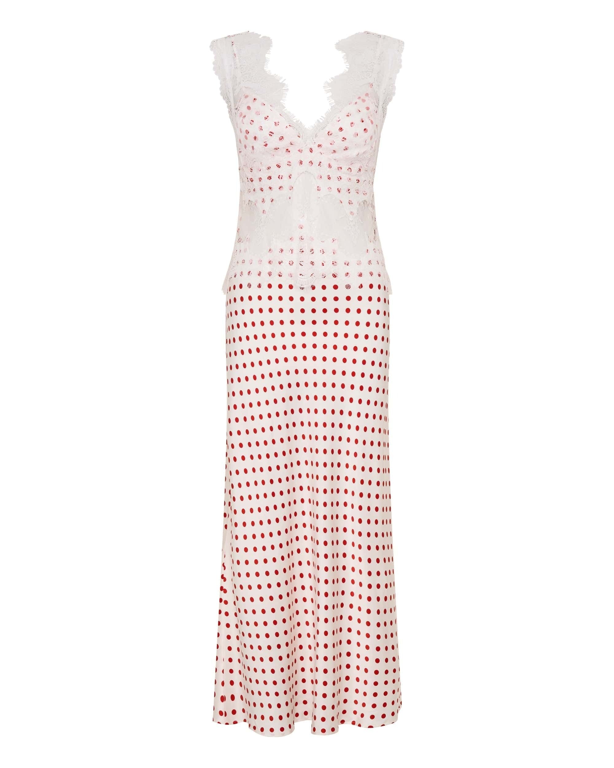 Visions Lace Deep V Maxi Dress - Red Polka Dot