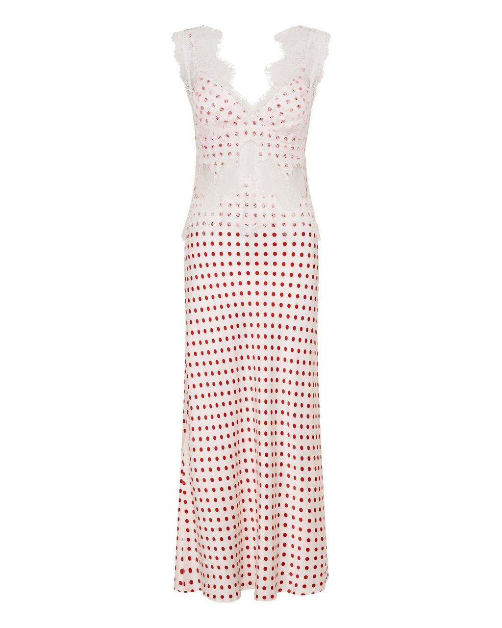 Visions Lace Deep V Maxi Dress - Red Polka Dot