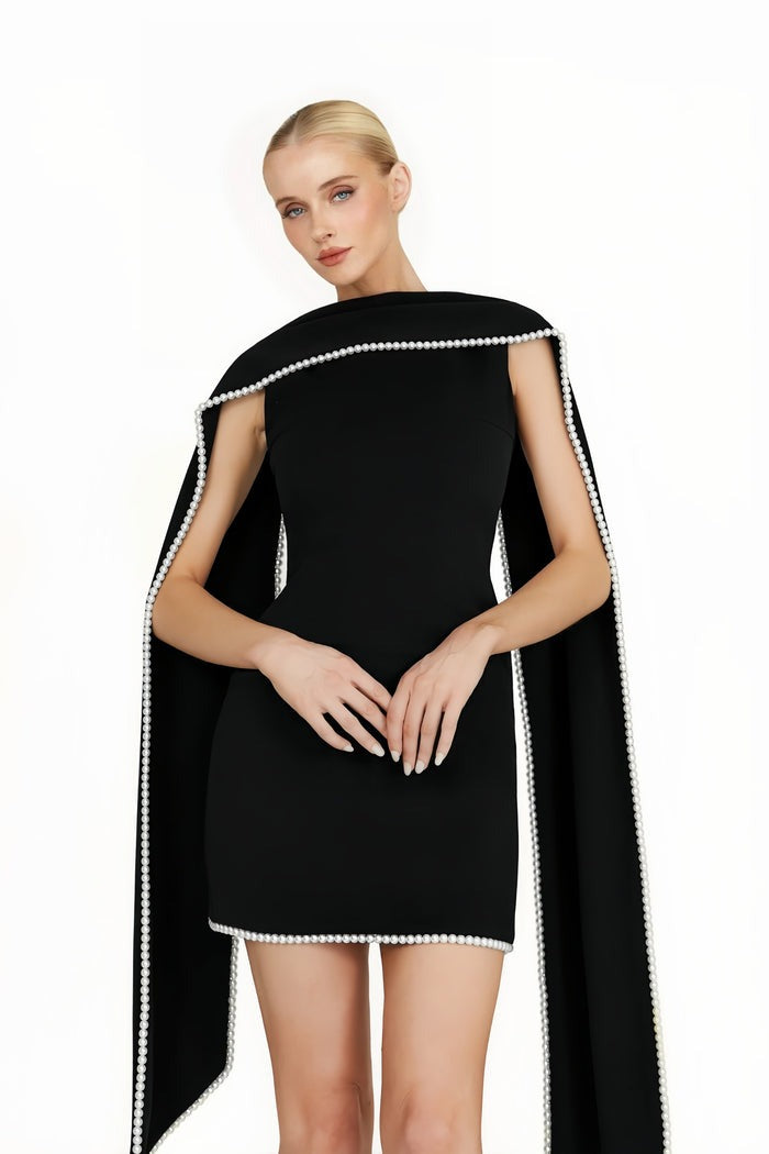 Piroska Black Sleeveless Pearl Trim Mini Dress