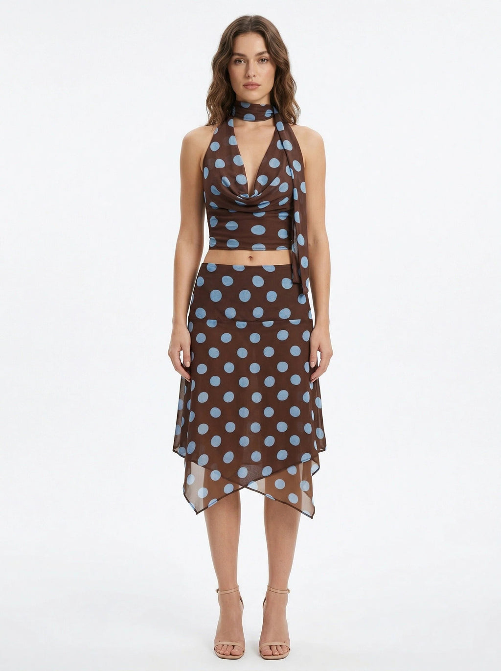 Dot Sheer Cowl Halter Crop Top