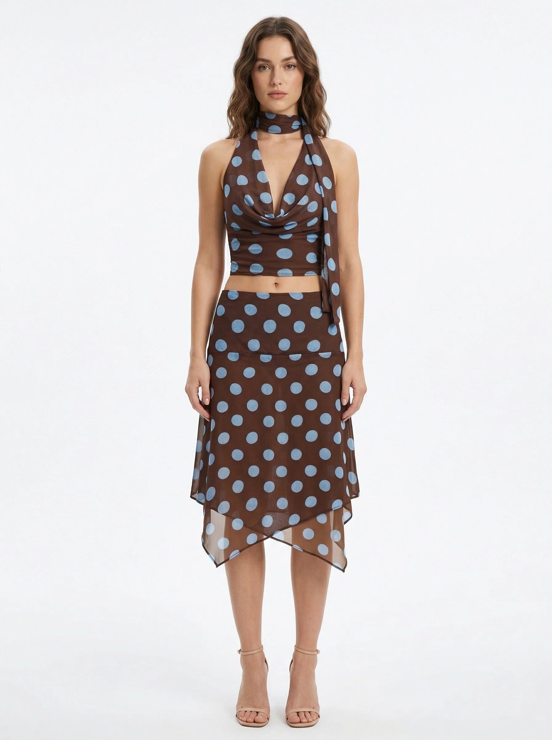 Dot Sheer Cowl Halter Crop Top