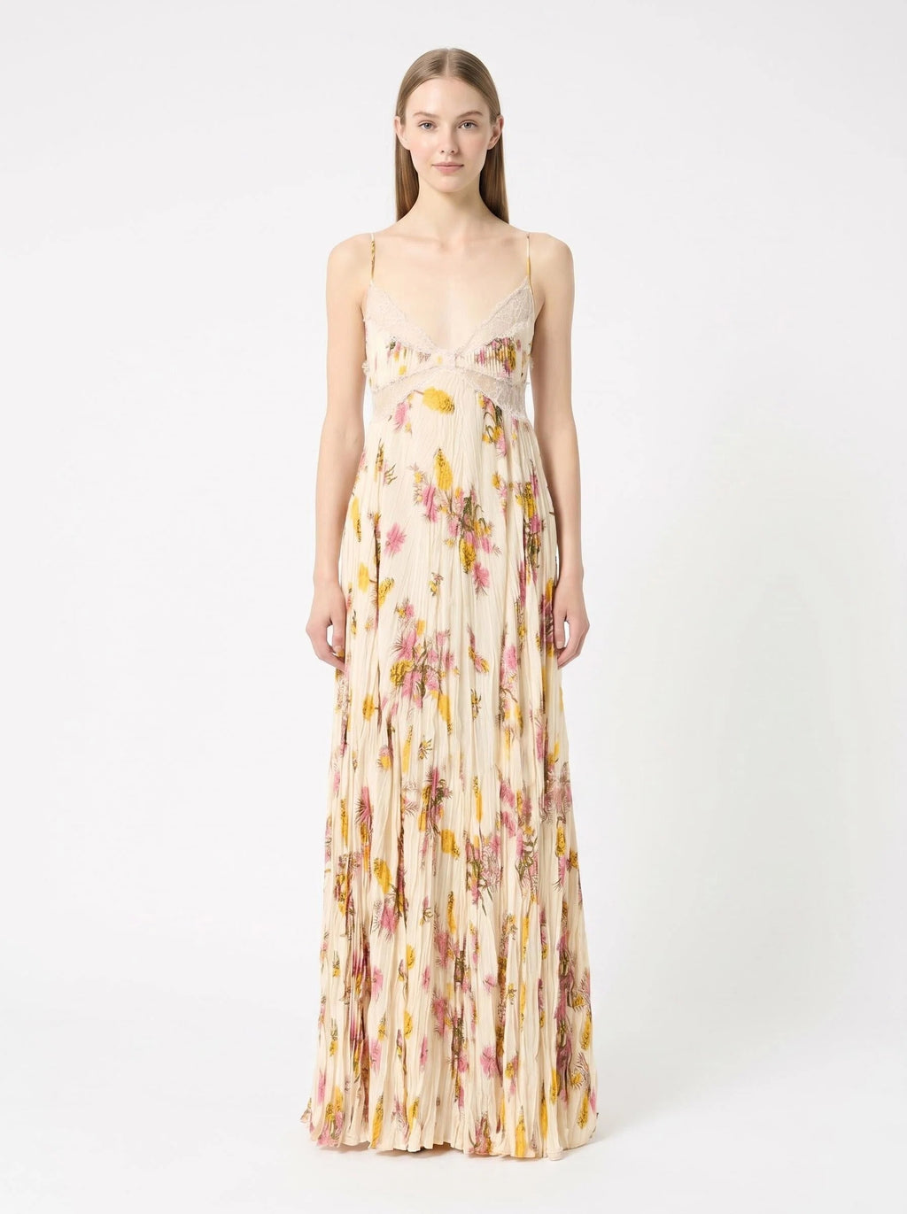 Ione Floral Lace Tie-Back Pleated Maxi Dress - Moonlit Wildflower