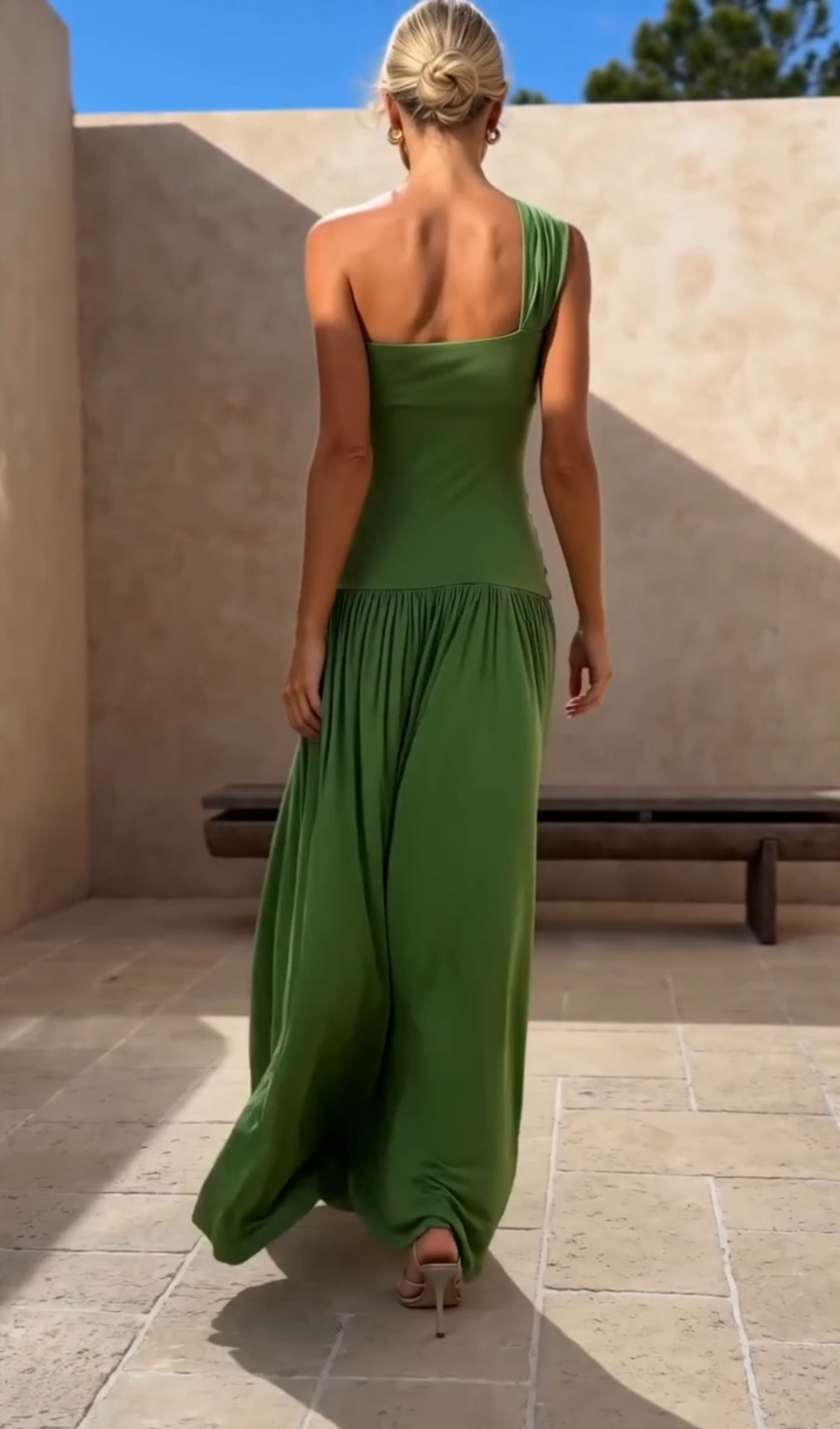 One Shoulder Ruched Green Maxi Dress