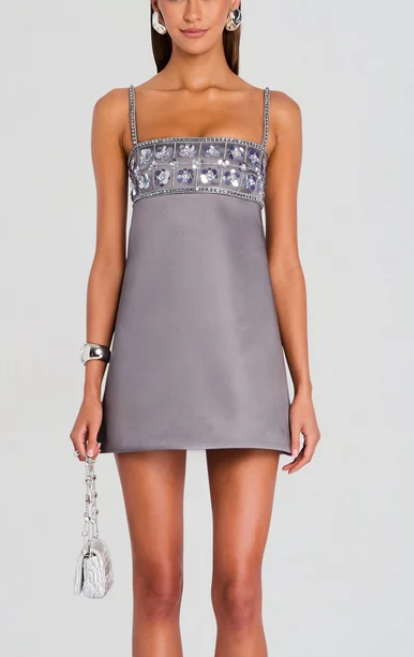 Silver Grey Sequin Embellished Square Neck Mini Dress