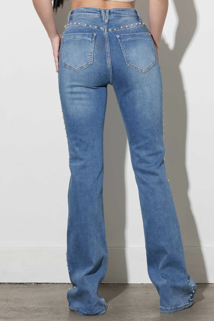 Pearl Trim Flared Denim Jeans