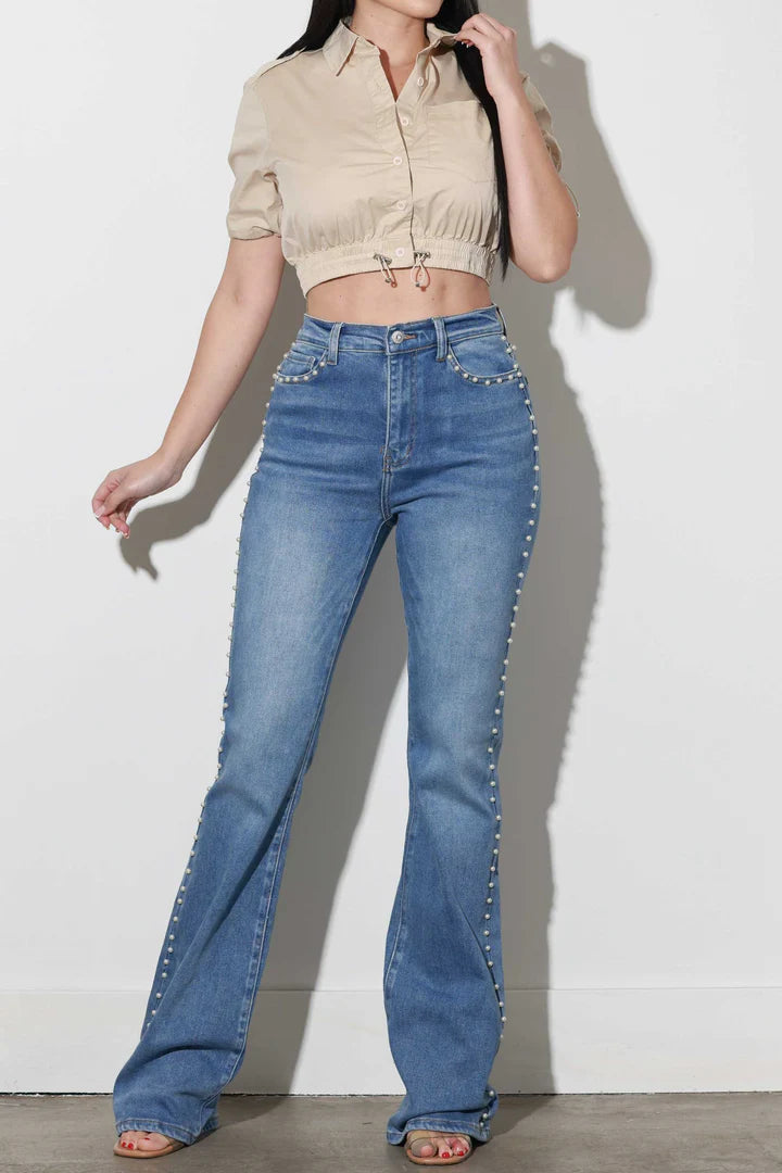 Pearl Trim Flared Denim Jeans