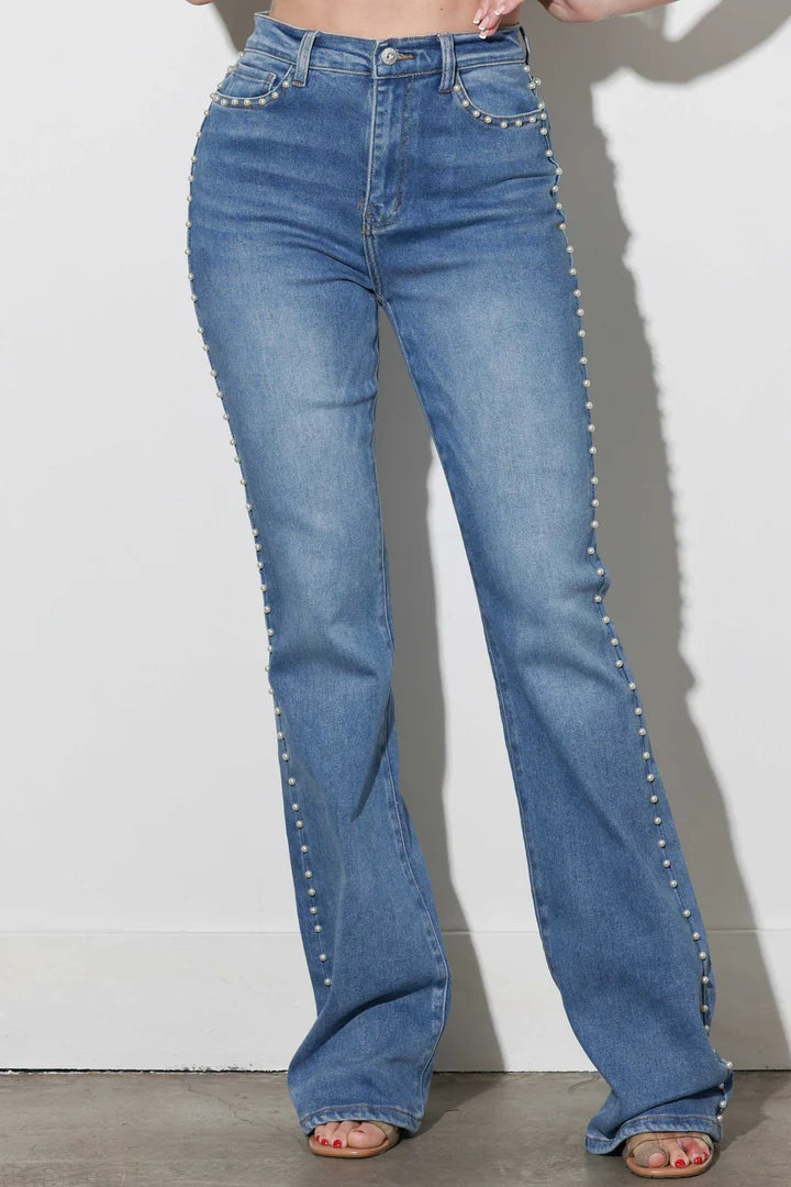 Pearl Trim Flared Denim Jeans