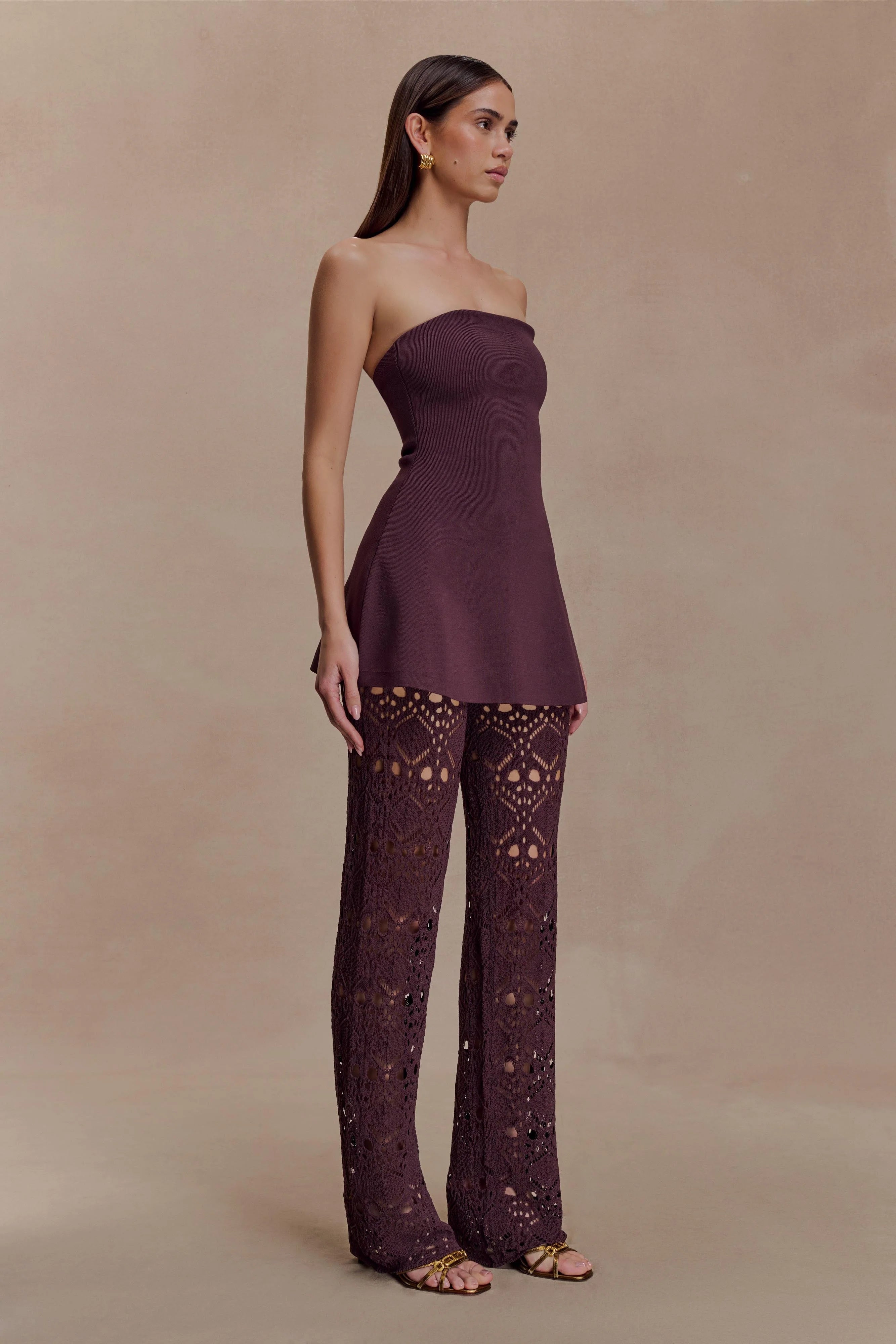 Burgundy Knit Cutout Wide-Leg Pants