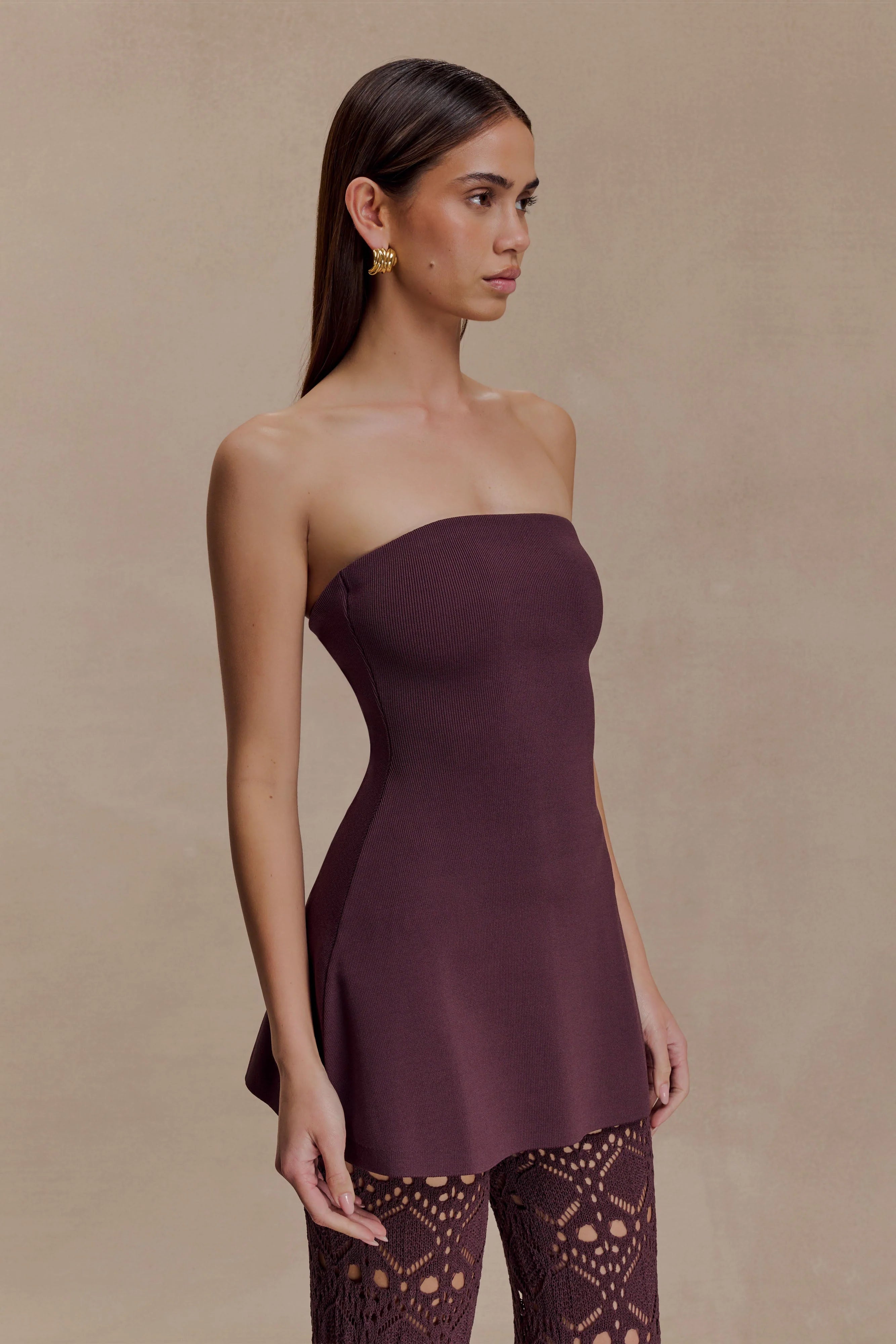 Burgundy Knit Strapless Peplum Top