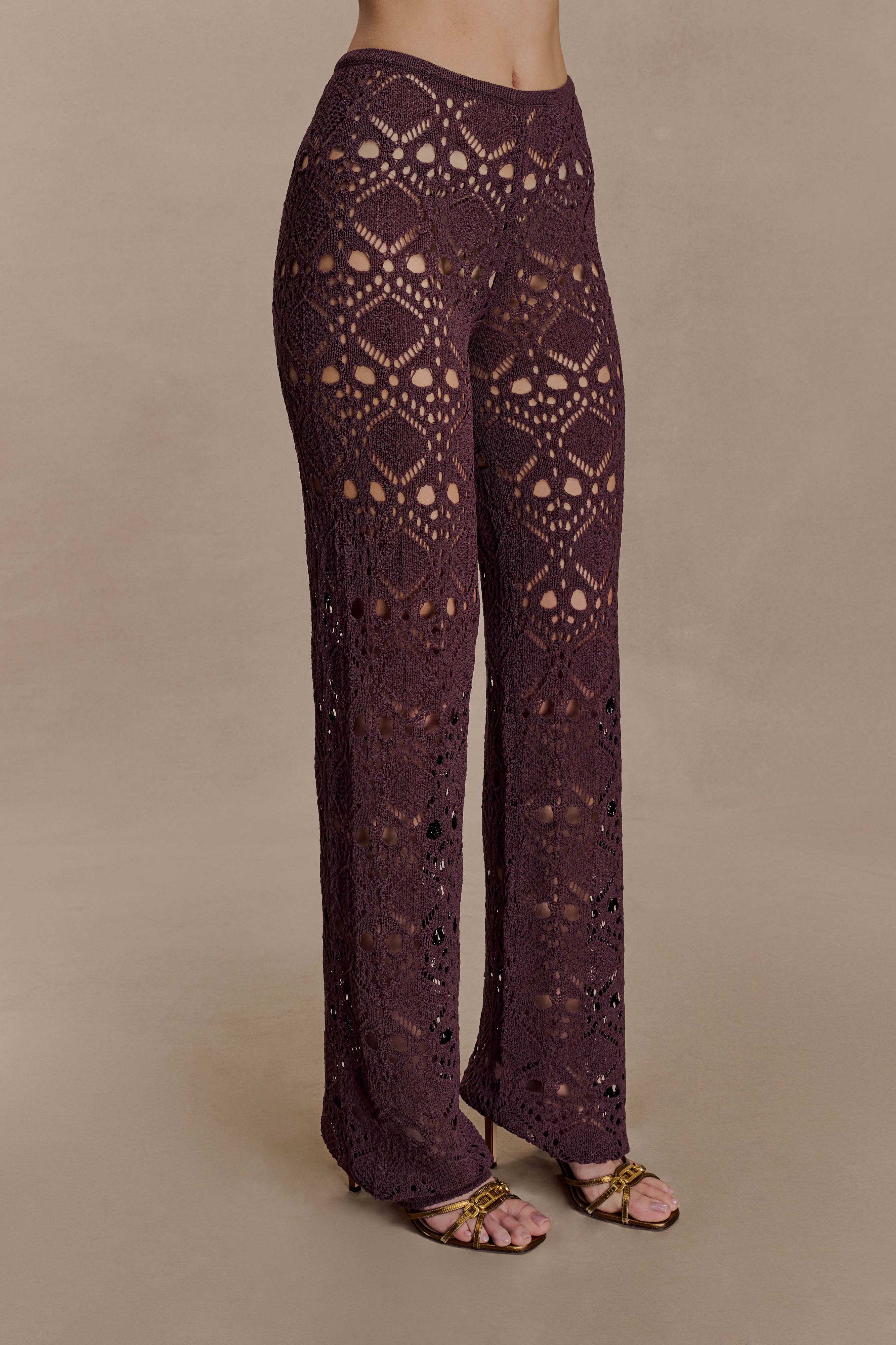 Burgundy Knit Cutout Wide-Leg Pants