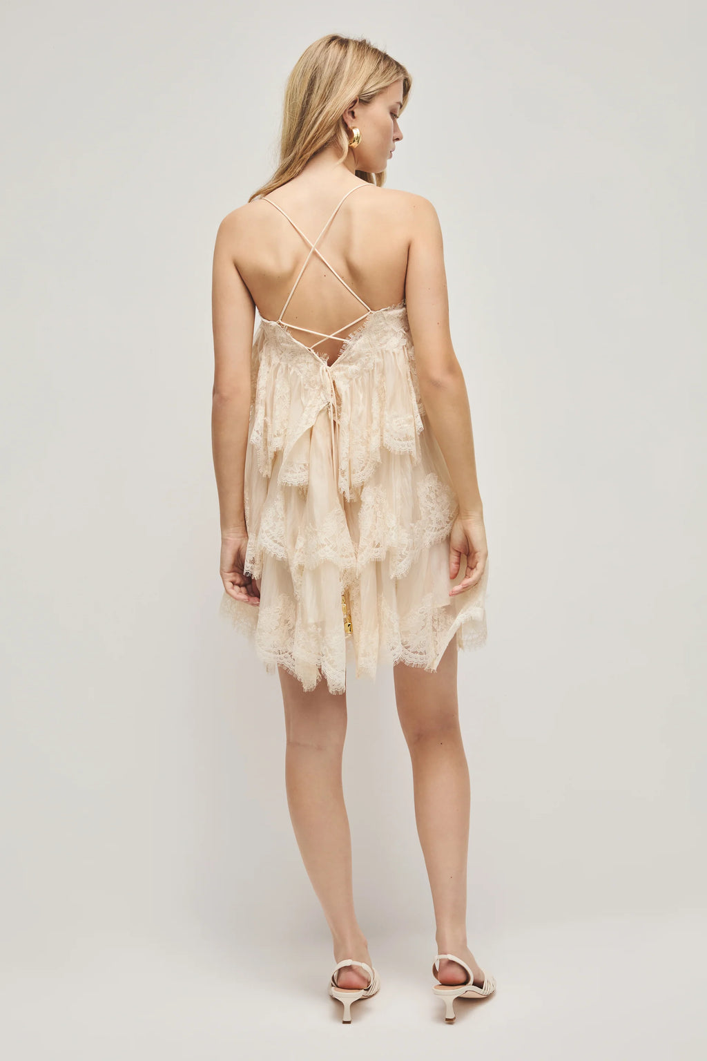 Champagne Lace Tiered Mini Dress