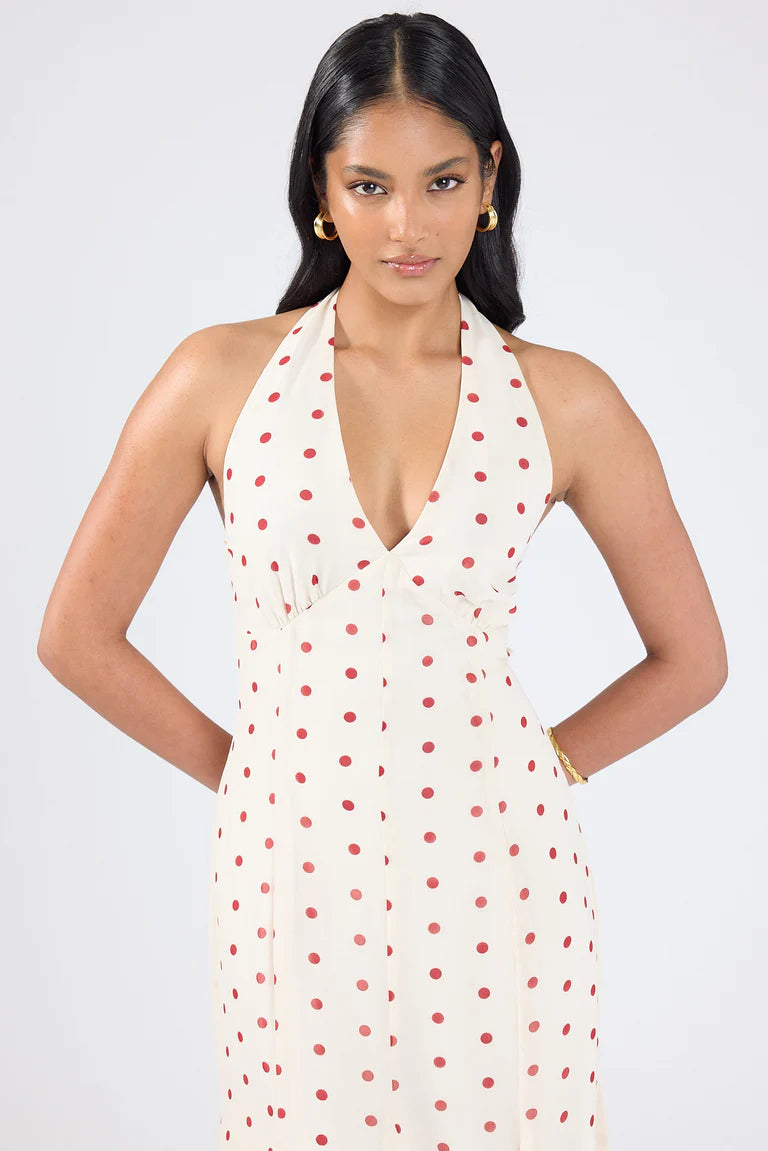 Ivana Halter Chiffon Maxi Dress Cream/Red Polka Dot