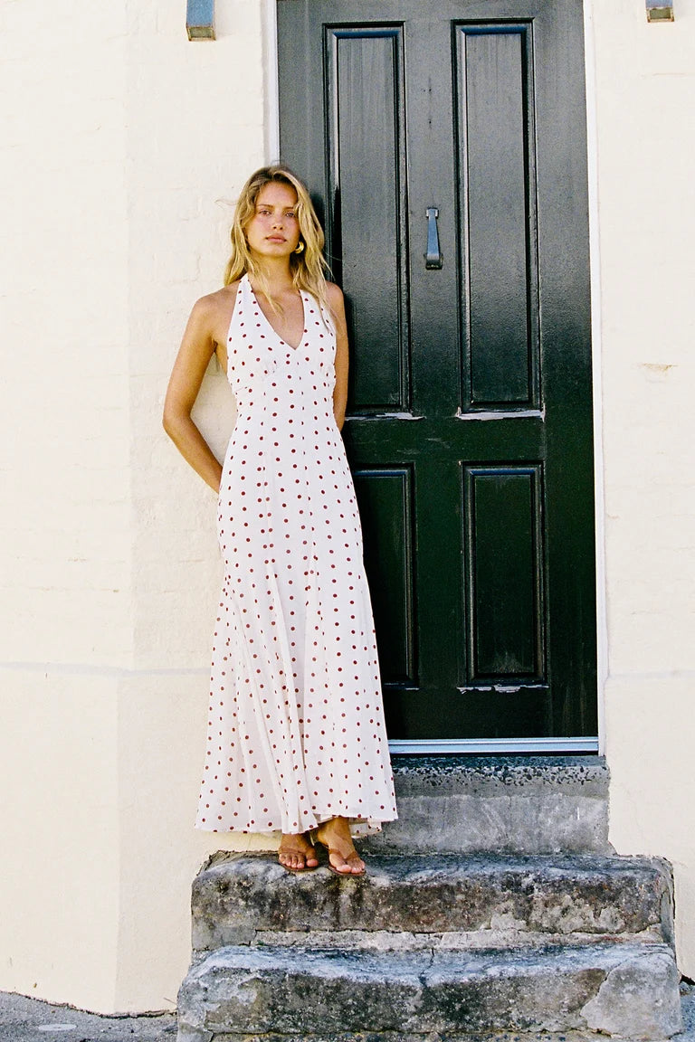 Ivana Halter Chiffon Maxi Dress Cream/Red Polka Dot