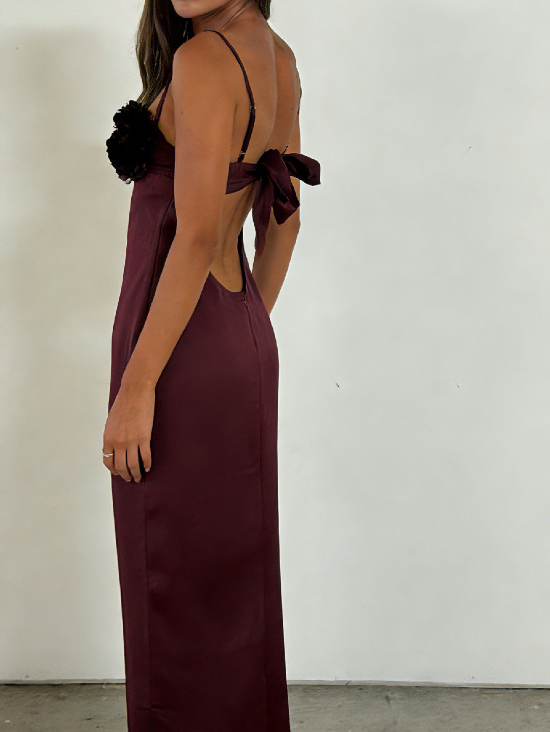 Burgundy Bloom Satin Gown