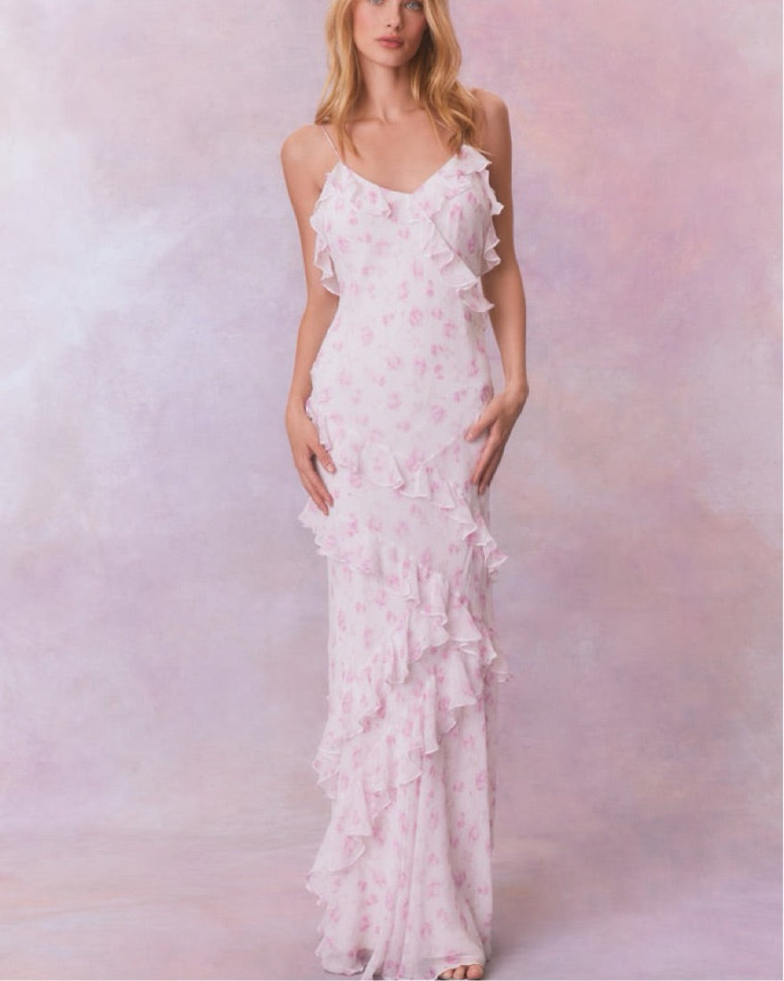 Low-Back Ruffle Maxi Dress | Whispering Petal Garden Dress – GlowEllevia