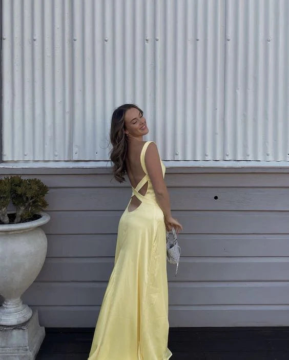 Simple Straps Yellow Backless Long Prom Dress