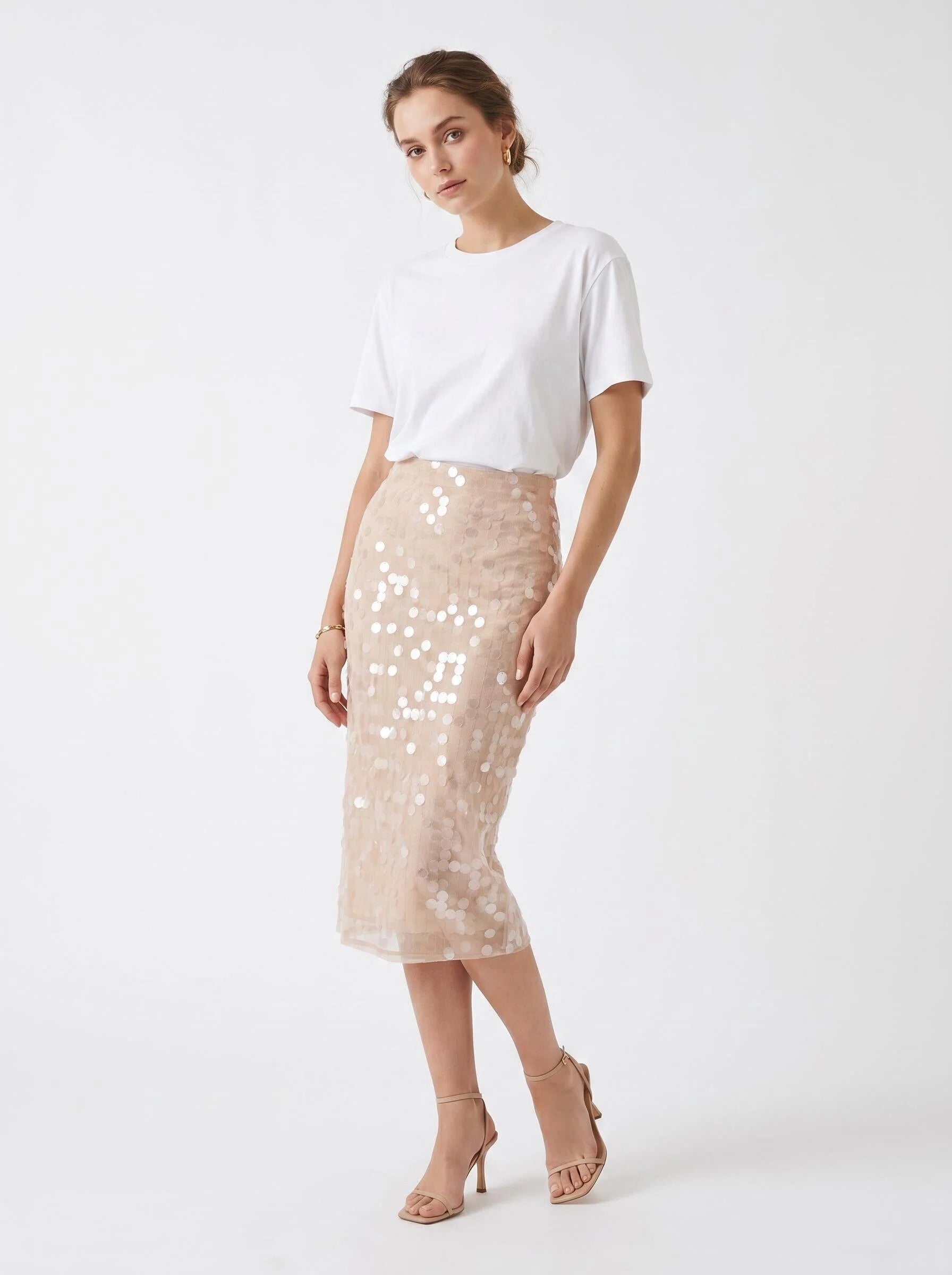 Champagne Sequin Midi Skirt
