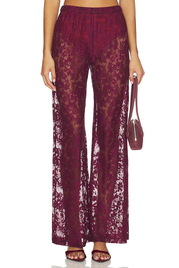 Crimson Elegance Lace Wide-Leg Pants