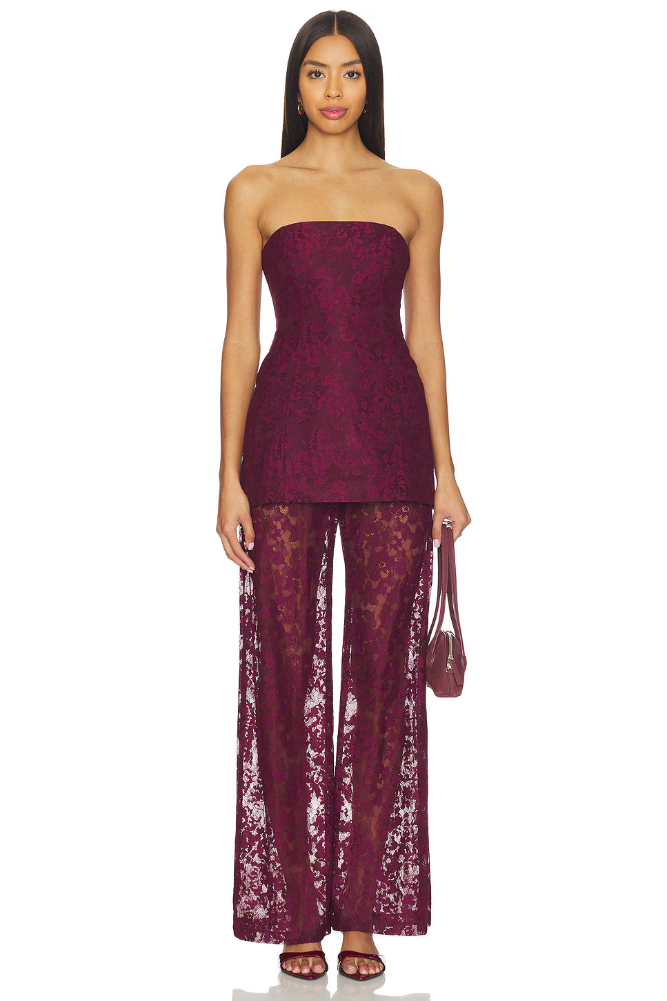 Crimson Elegance Lace Wide-Leg Pants