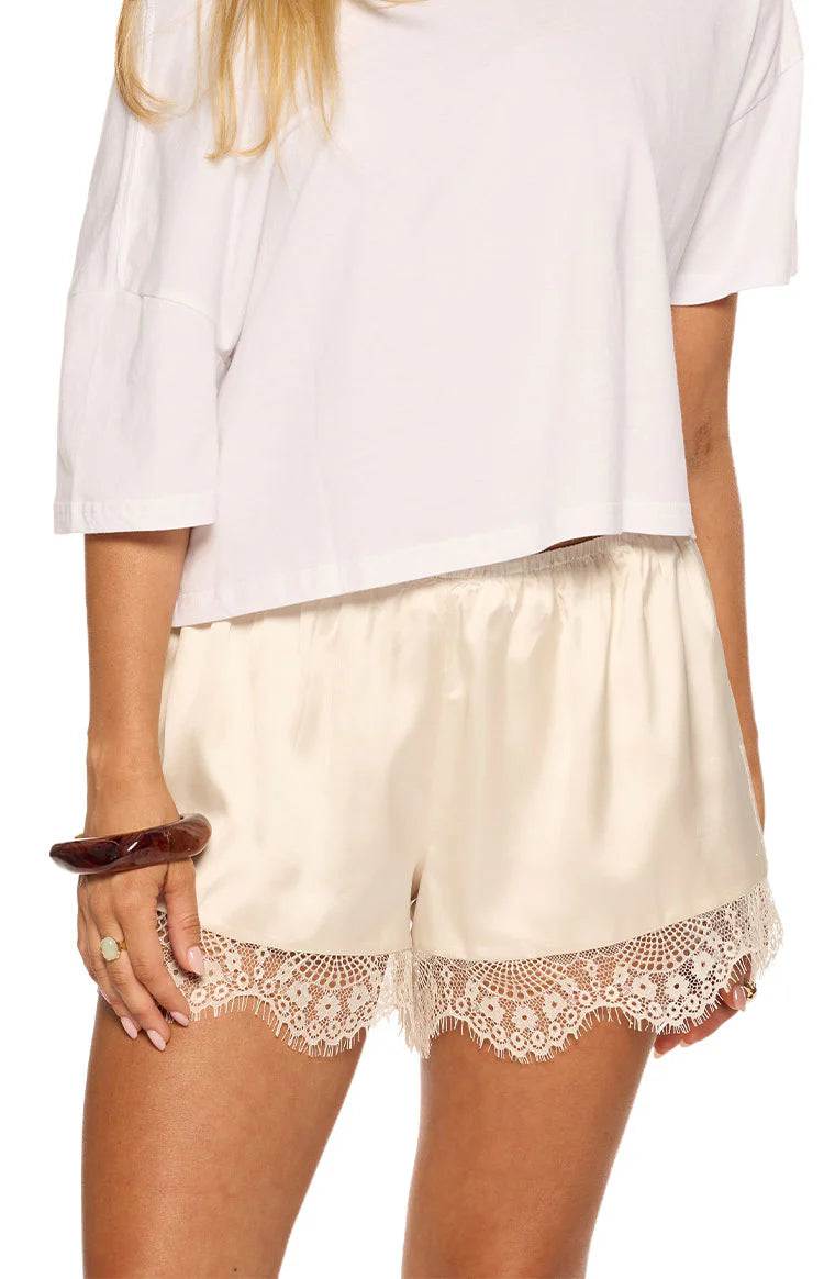 White Satin Lace Trim Shorts