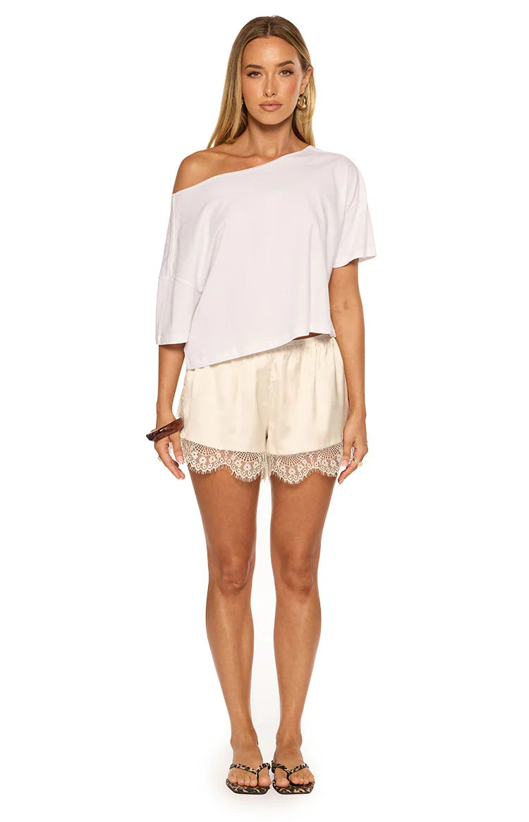 White Satin Lace Trim Shorts