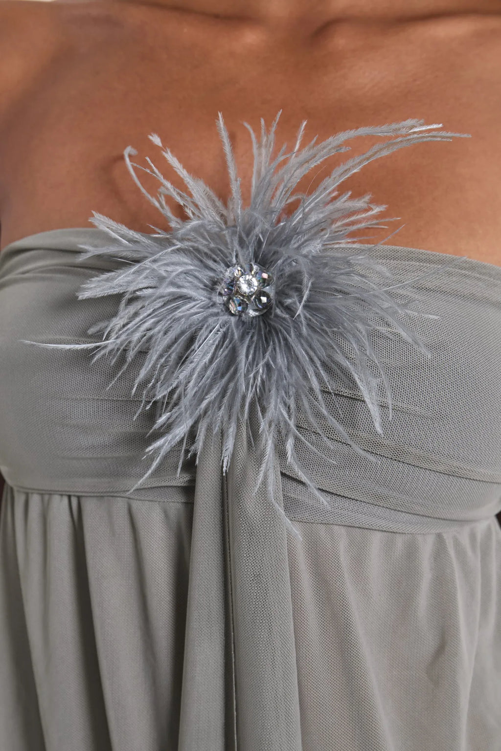 Grey Feather Mesh Mini Dress