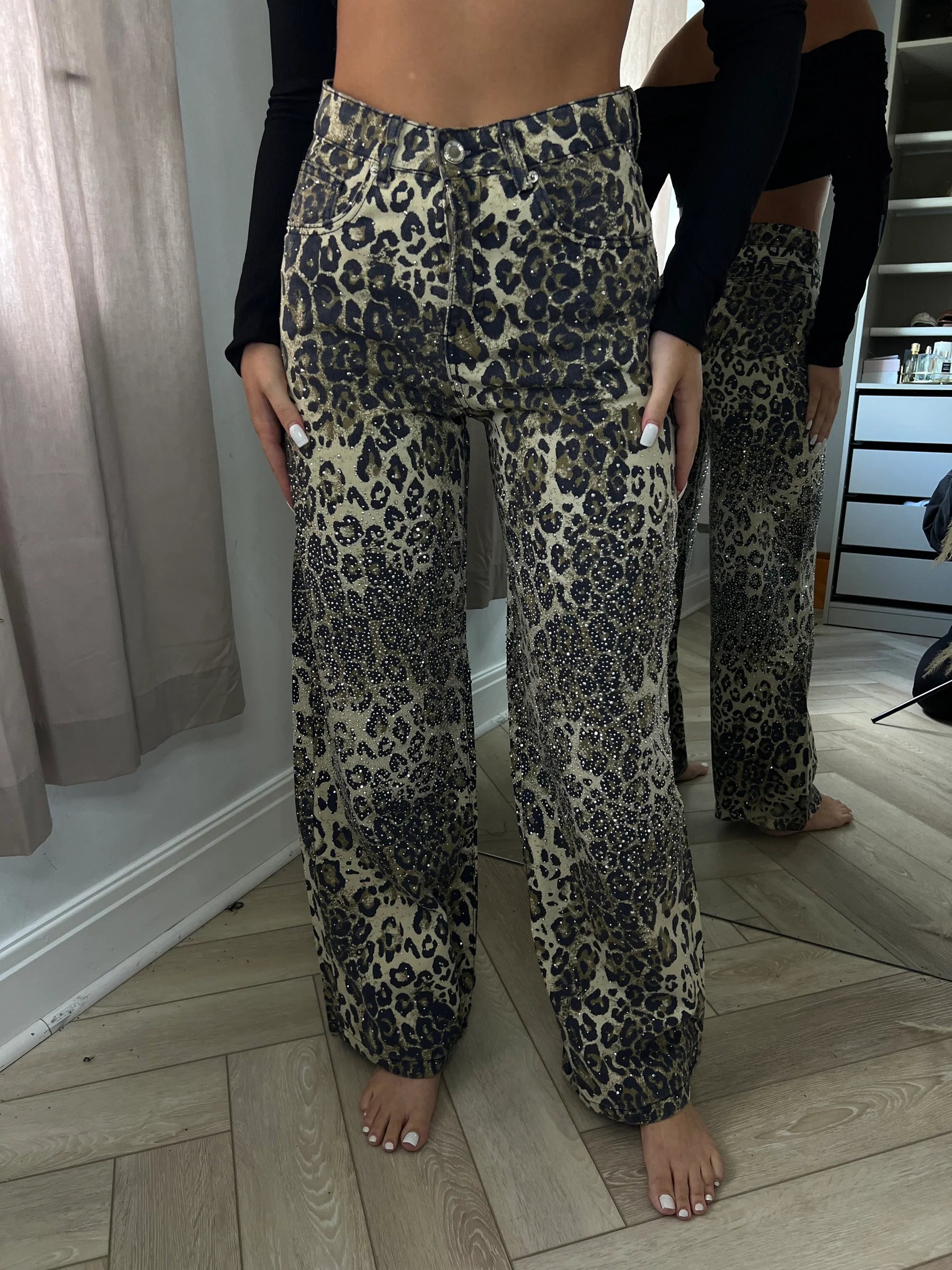 Leopard Rhinestone Wide Leg Jeans