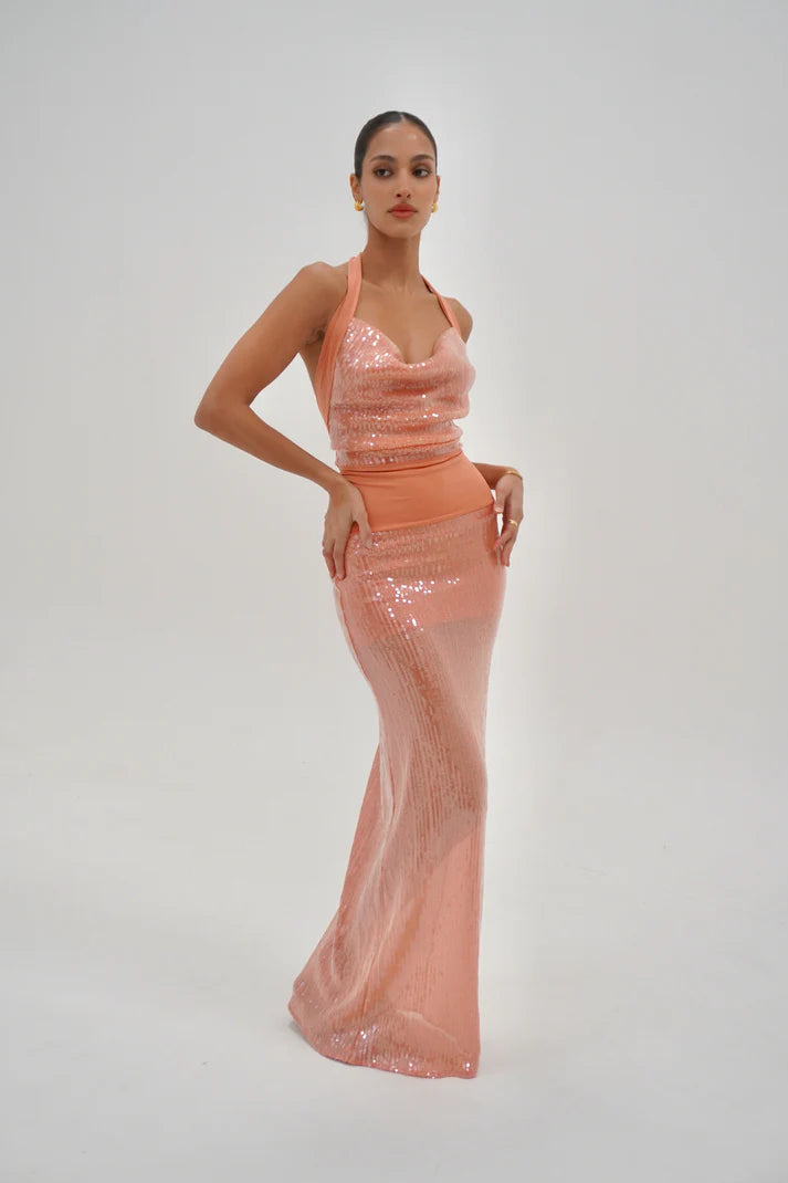 Amber Glow Halter Gown