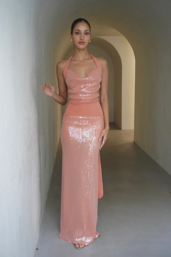 Amber Glow Halter Gown