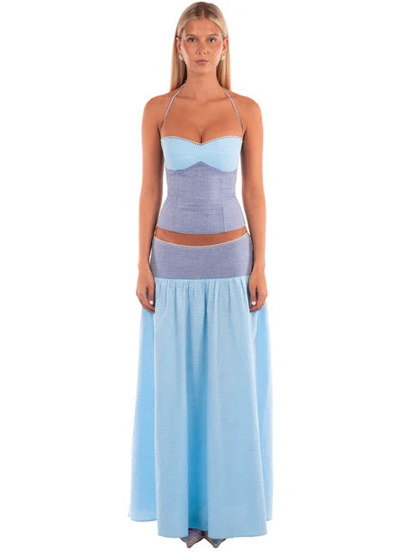 Blue Contrast Waist Flowy Maxi Skirt
