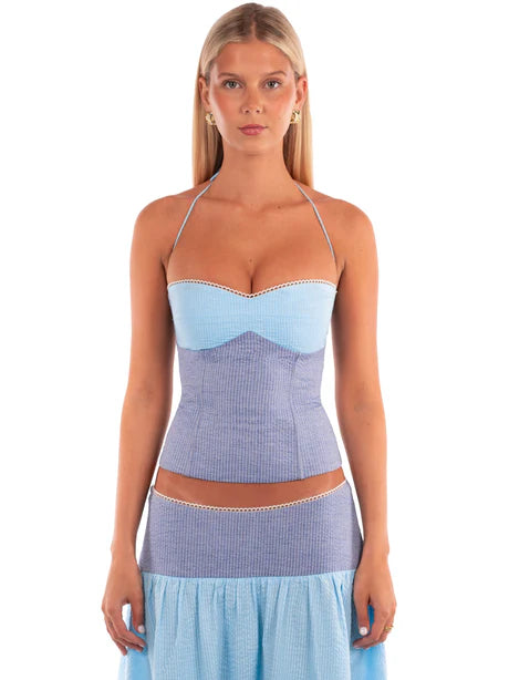 Blue Halter Lace-Up Corset Top