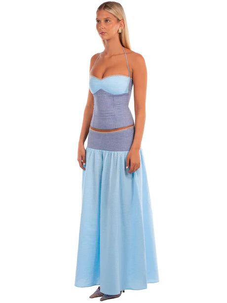 Blue Contrast Waist Flowy Maxi Skirt
